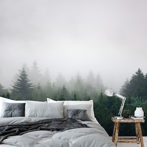 Misty Forest Woods Landscape Wall Mural / Peel and Stick Self-Adhesive or Nonwoven Wallpaper / Headboard Forest Mist Decoration Photowall