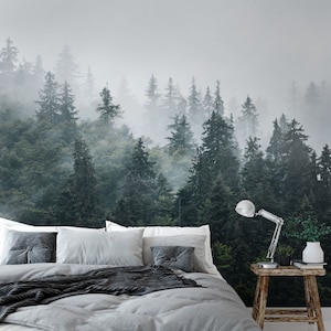 Woodland Misty Forest Landscape Wall Mural / Peel and Stick Self-Adhesive Nonwoven Wallpaper / Headboard Foggy Forest Decoration Photowall