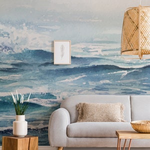 Blue Sea Ombre Removable Wallpaper Wall Decal / Coastal Peel and Stick Wallpaper / Watercolor Self Adhesive Wall Mural Wallpaper Decal Wall