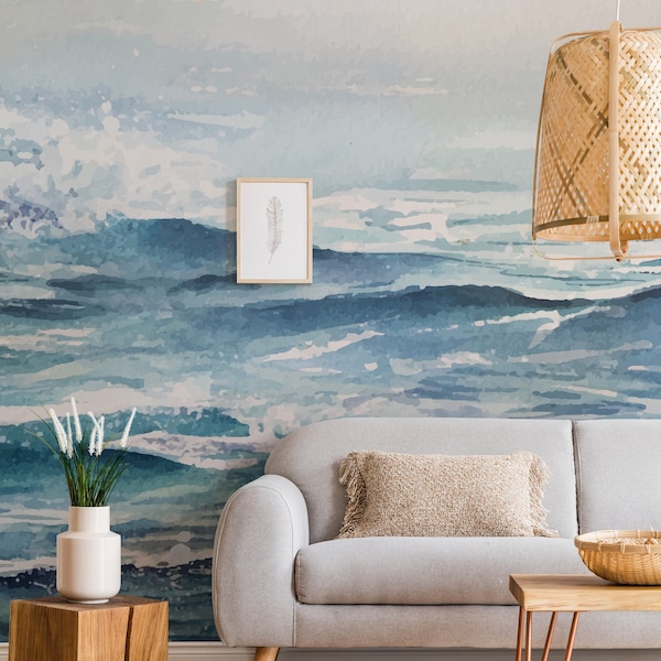 Blue Sea Ombre Removable Wallpaper Wall Decal / Coastal Peel and Stick Wallpaper / Watercolor Self Adhesive Wall Mural Wallpaper Decal Wall