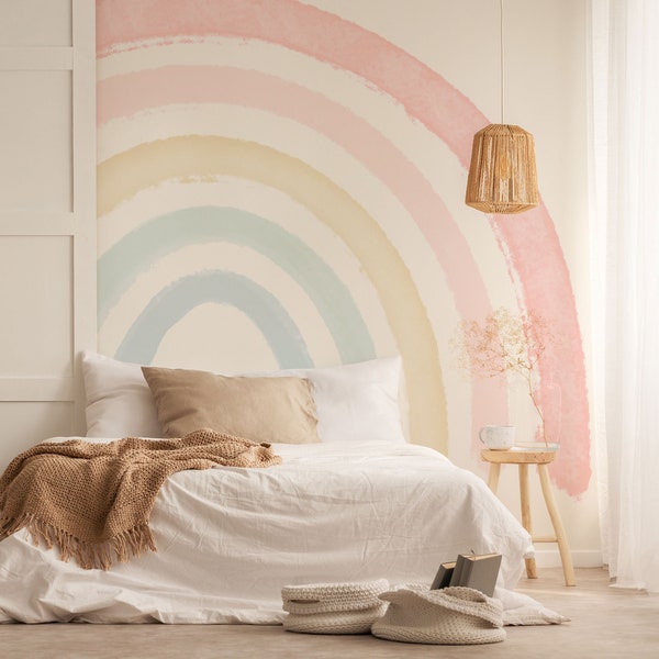 Ombre Pink  Coral Peach Rainbow Wall Decal / LArge Rainbow Wallpaper / Nursery Kids Sticker / Peel and Stick Repositionable R102B