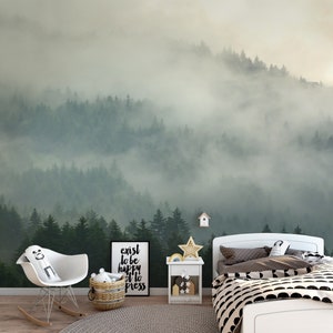 Misty Forest Woods Landscape Wall Mural / Peel and Stick Self-Adhesive or Nonwoven Wallpaper / Headboard Forest Mist Decoration Photowall