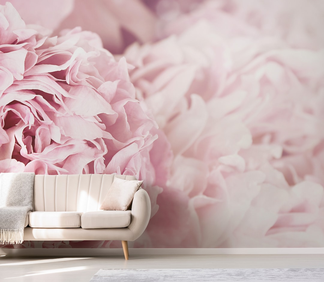 Peony Flower Mural Wallpaper // Pastel Pink // Watercolor Peony Wall