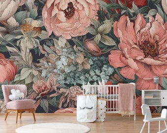 Big Pink Peony Flower Peel and Stick Wallpaper // Pastel Pink // Watercolor Rose Flowers Headboard // Temporary Mural / Coral Pink Peony