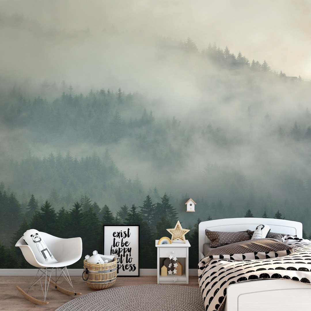 Misty Forest Woods Landscape Wall Mural / Peel and Stick Self-adhesive ...
