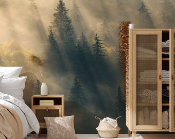 Woodland Misty Forest Landscape Wall Mural / Peel and Stick Self-Adhesive or Nonwoven Wallpaper / Headboard Forest Mist Decoration Photowall