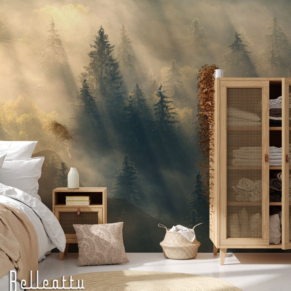 Woodland Misty Forest Landscape Wall Mural / Peel and Stick Self-Adhesive or Nonwoven Wallpaper / Headboard Forest Mist Decoration Photowall