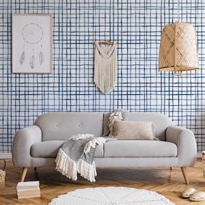Chequered Pattern Geometrical Stipes Wallpaper Modern Blue  Wall Art Repositionable Wall Mural Peel & Stick Removable Self Adhesive Geo233