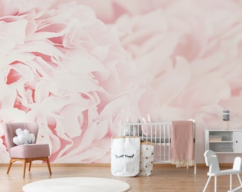 Peony Flower Peel and Stick Wallpaper // Pastel Pink // Watercolor Peony Headboard Wall Art // Temporary Mural / Coral Pink Peony Sticker