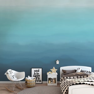 Turquoise Green Blue Ombre Removable Wall Mural / Peel and Stick  Watercolor Self Adhesive Wallpaper / Blue Sea Waves Dwall Decor