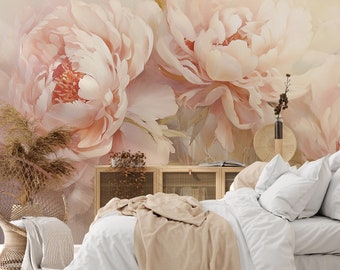 Large Peony Flower Peel and Stick Wallpaper // Pastel Pink // Watercolor Peony Headboard Wall Art // Temporary Mural / Coral Pink Peony