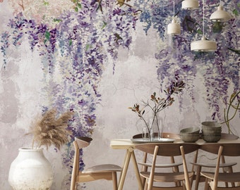Lavender White Retro Wisteria Flowers Wallpaper / Spring Sky Headboard Wallpaper/ Wall Decor Watercolor White Violet Flowers Peel and Stick