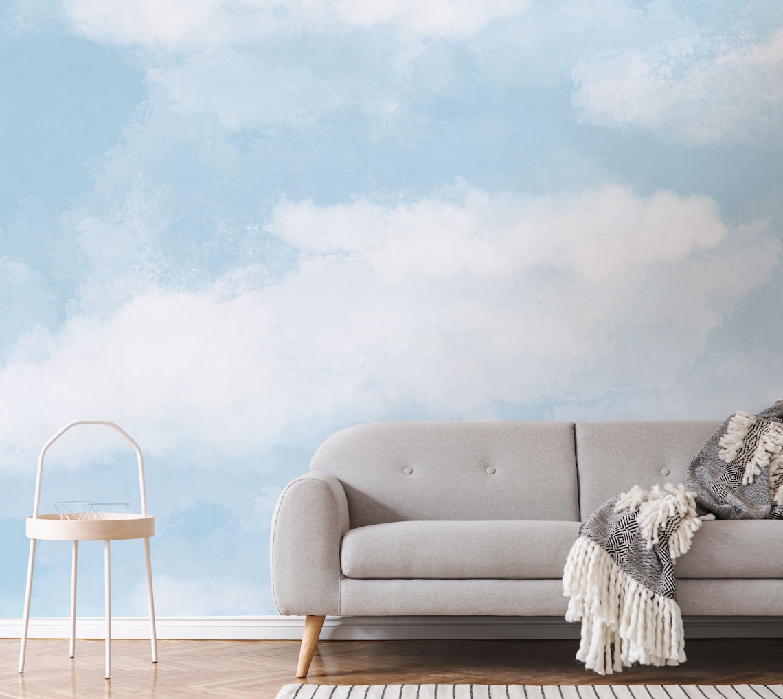 Blue White Ombre Clouds / Removable Wallpaper / Peel and Stick Etsy