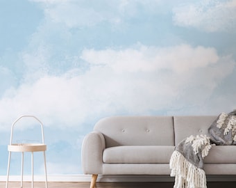 Blue White Ombre Clouds / Removable Wallpaper / Peel and Stick Sky Wallpaper / Self Adhesive Wall Mural Wallpaper Decal Wall / Sky111