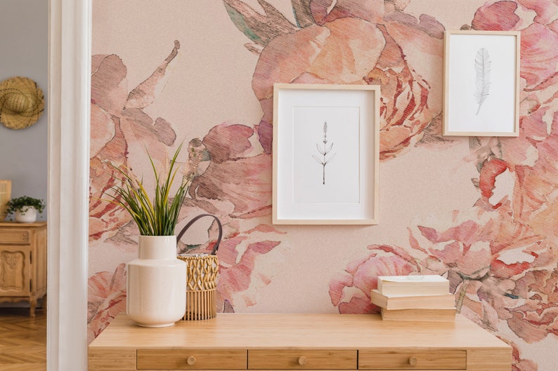 Coral Peach Pink Ombre Retro Floral Peony Peonies Removable - Etsy