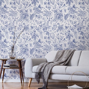 Modern Floral Blue Wallpaper / Self Adhesive Peel and Stick Material / Custom size Flowers Nature Summer Bloom