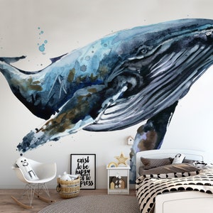 Large Blue White Whale Watercolor Wall Decoration / Removable Wallpaper / Peel and Stick Sky Wallpaper / Self Adhesive Wall Mural Decal 112