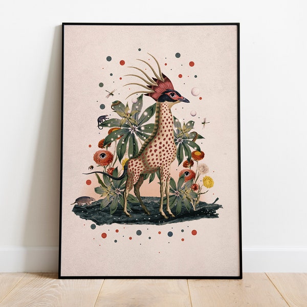 Surreal and magical collage based on old zoology and botanical illustrations, positive art, special and full of color to decorate