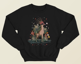 Unisex  Sweatshirt with an exclusive, original, surreal, colorful design, with natural motifs of flowers and animals such as the giraffe.
