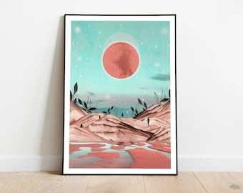 Peut inclure: Une impression d'art numérique représentant une grande lune rouge dans un ciel bleu avec des étoiles. La lune se trouve au-dessus d'un paysage de collines brunes avec quelques petites figures qui marchent dessus. Les collines se reflètent dans une étendue d'eau au premier plan.