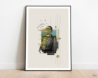 Surreal, conceptual collage made with an ancient, minimalist, dreamlike, evocative and original art portrait.