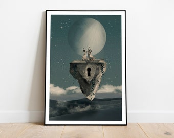 Cosmic and enchanting surreal art print to decorate your home with a mystical and original touch.