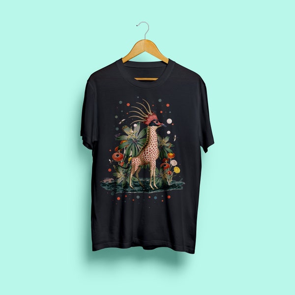 Camiseta unisex con diseño exclusivo,original, surrealista, colorido, con motivos naturales de flores y animales como la jirafa.