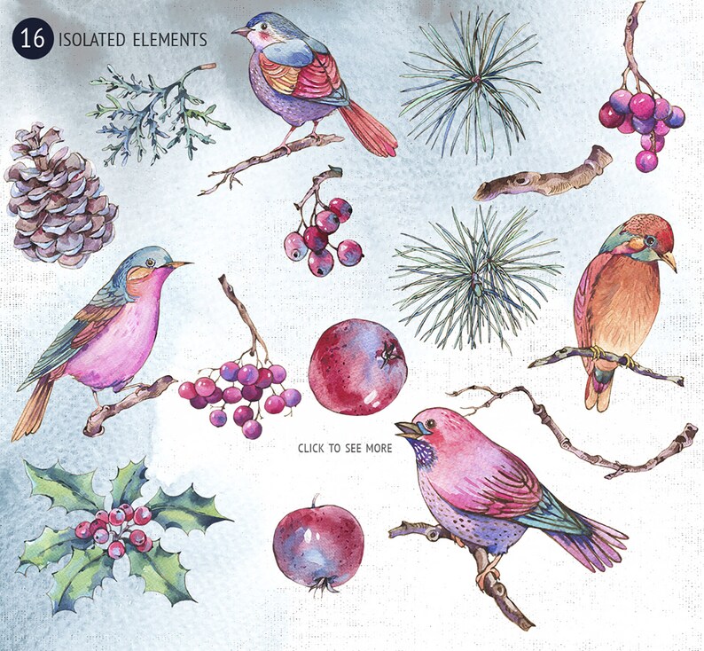 Fall Clipart. Winter Watercolor Bird Clipart Watercolor Woodland Clipart