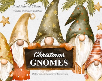 May include: Three watercolor gnomes with red, white, and green hats holding a chalkboard sign that says "Christmas Gnomes". PNG Files on Transparent Background.
