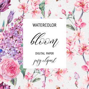 Papel digital de primavera con flores de cerezo Papel digital con flores de sakura en acuarela Clip art de primavera