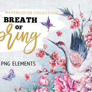 Aquarel lente clipart bloeiende sakura, pioenrozen en kraanvogel botanische illustratie