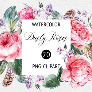 Victoriaanse aquarel stoffige roos clipart bloemen individuele clipart verjaardag clipart bloemen en veren