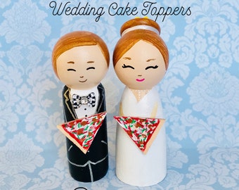 Wedding Cake Topper, Custom Bride and Groom Peg Dolls, Pizza Wedding Gift,  Christmas Wedding Gift, Pizza Wedding Decor, Christmas Decor