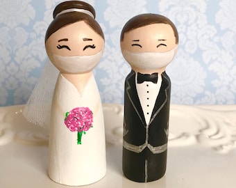 Quarantine Wedding Cake Topper, Pandemic Wedding, Bride and Groom, Valentines Day Gift, Engagement Gift for Couple, Wedding Peg Dolls