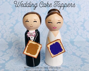 Cute Wedding Cake Topper, Bride and Groom Peg Dolls, Peanut Butter and Jelly Gift, Wedding Decor, Wedding Shower, Custom Peg Doll Family,