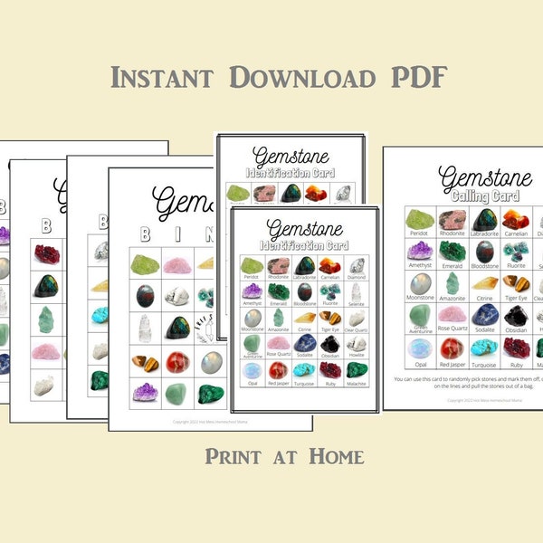 Gemstone Bingo, Crystal Identification, Rocks and Minerals, PDF download, printable, Homeschool supplies, Learning Game, preschool
