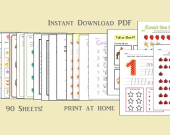 Math Worksheets, Instant download PDF, Preschool, Kindergarten, Math practice, Number counting, Printable