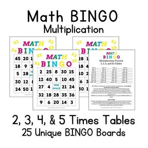 Può includere: Un set di 25 schede di bingo stampabili colorate per esercitarsi con le tabelline di moltiplicazione. Le schede hanno il titolo "Math Bingo Multiplication Practice 2, 3, 4, and 5's Tables".