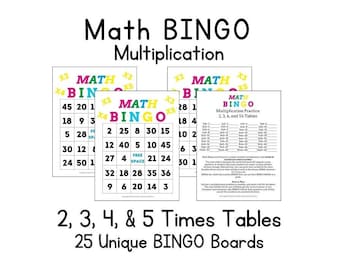 Op de afbeelding: Een set van 25 kleurrijke, afdrukbare bingokaarten om te oefenen met de tafels van vermenigvuldiging. De kaarten hebben de titel "Math Bingo Multiplication Practice 2, 3, 4, and 5's Tables".