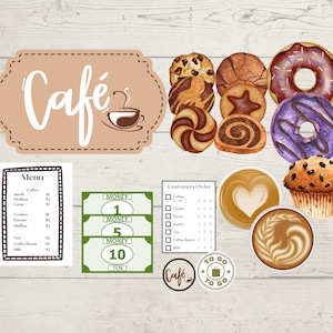 May include: A cafe menu with prices for coffee, donuts, cookies, muffins, tea, coffee beans, and milk. There are also play money bills, a customer order sheet, and images of coffee, donuts, cookies, and muffins.