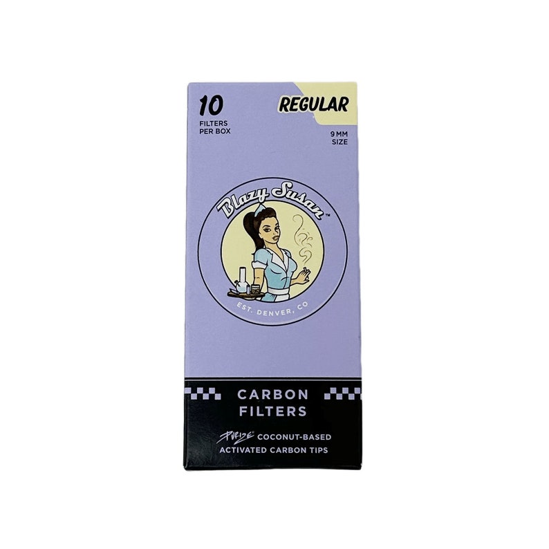 May include: A purple box with a cartoon illustration of a woman wearing a blue dress and a white apron. The box contains 10 Blazy Susan 9mm regular carbon filters. The filters are coconut-based and activated.