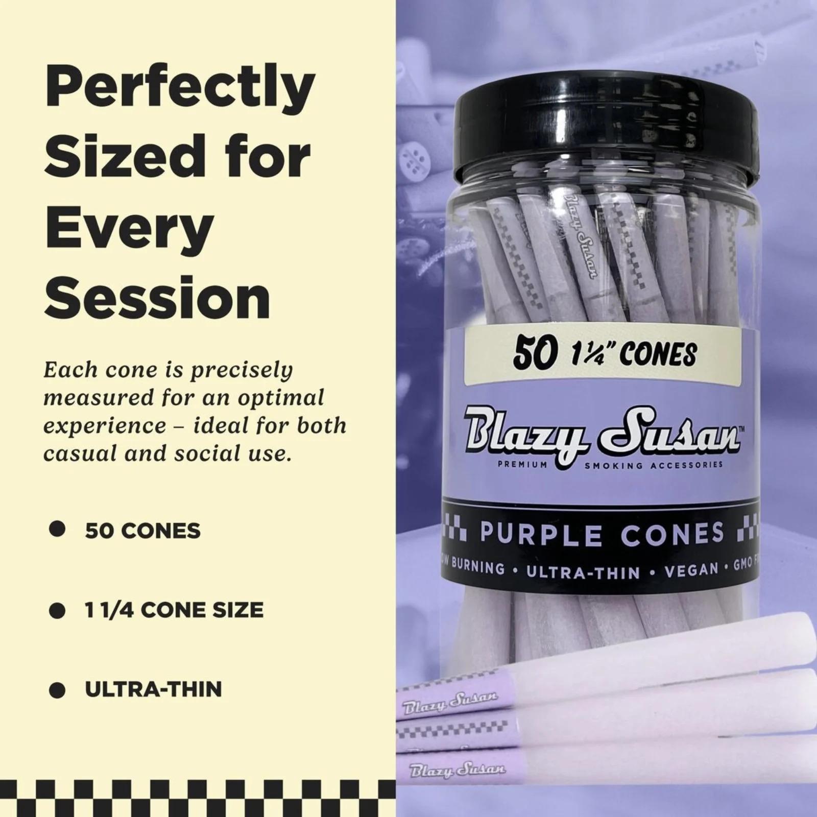 Blazy Susan 98mm Purple Cone Rolling Papers – 50 Pack With Pre-Attached Filters