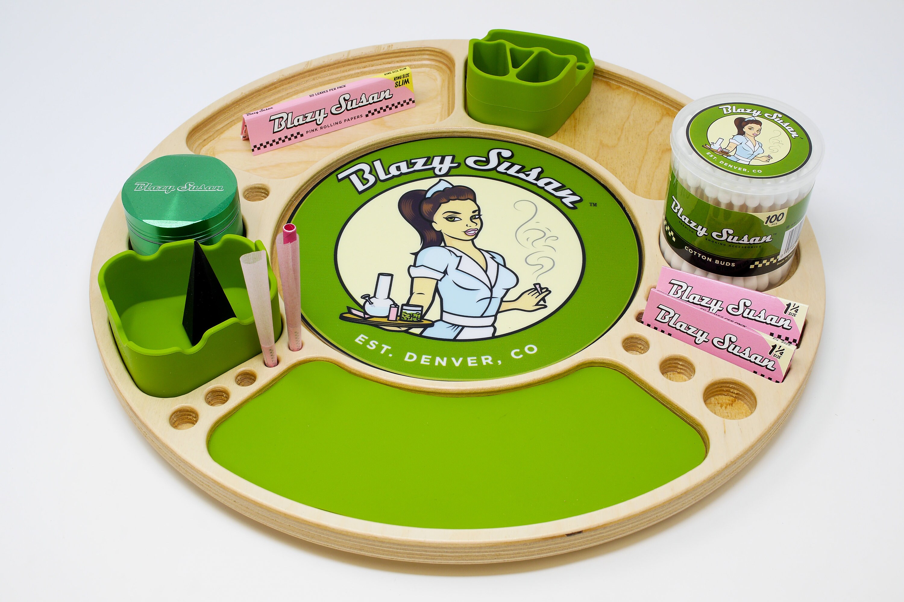 Blazy Susan Rolling Tray w/ Silicone Inserts Birch Wood Etsy