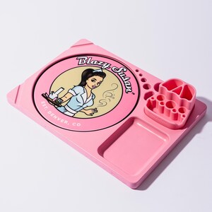Blazy Susan Rectangle Rolling Tray, Pink, Clear, Black, Cherry, or Walnut| With Silicone Center Pad, Tool Station, and Wax Tool