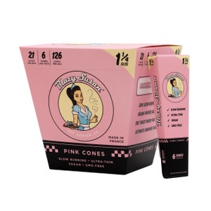 Blazy Susan 1 1/4&quot; Pre Rolled Cones, Pink, Purple, or Unbleached | Display Box | 6 Cones Per Pack, 21 Packs Per Box, 126 Cones Total