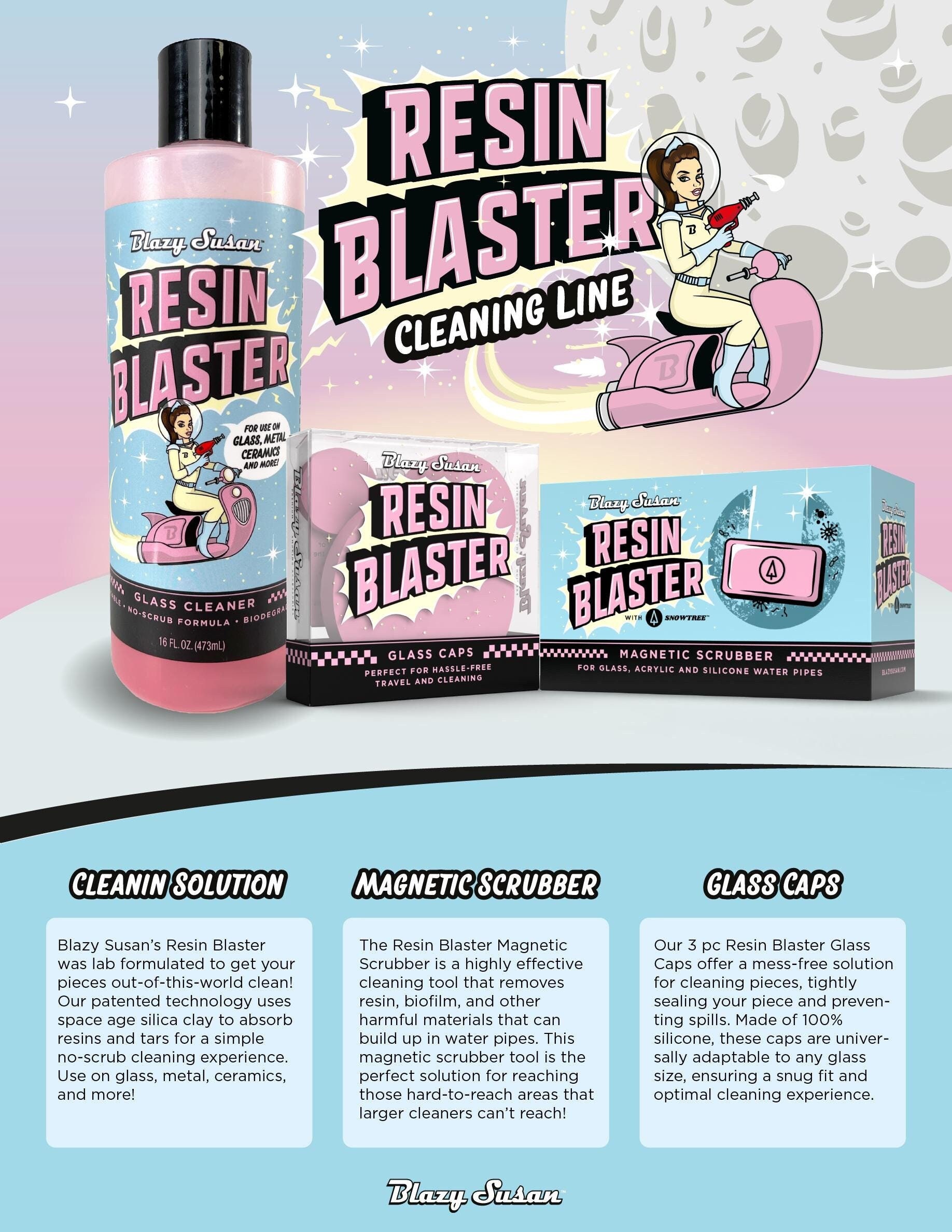Blazy Susan Resin Blaster Cleaning Bundle - Resin Blaster Scrubber Tool, Cleaning Solution, and Pink, Purple, or Black Silicone Caps