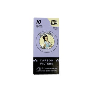 May include: A box of 10 Blazy Susan carbon filters. The box is purple with a white circle featuring a cartoon woman in a diner uniform. The text on the box reads "XTRA SLIM 5.9 MM SIZE" and "CARBON FILTERS PUEDE COCONUT-BASED ACTIVATED CARBON TIPS".