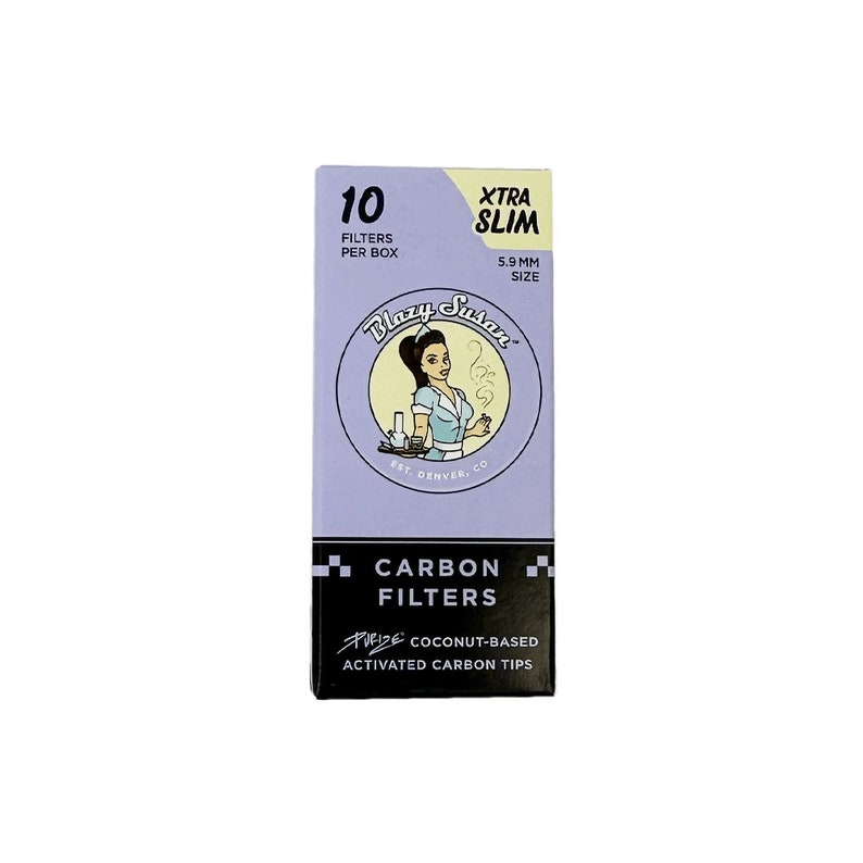 May include: A box of 10 Blazy Susan carbon filters. The box is purple with a white circle featuring a cartoon woman in a diner uniform. The text on the box reads "XTRA SLIM 5.9 MM SIZE" and "CARBON FILTERS PUEDE COCONUT-BASED ACTIVATED CARBON TIPS".