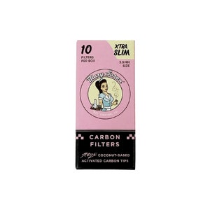 May include: A pink box of Blazy Susan carbon filters. The box has a cartoon illustration of a woman with a cigarette and a bong. The text on the box reads "10 filters per box", "Xtra Slim", "5.9 mm size", "Carbon Filters", and "Coconut-Based Activated Carbon Tips".