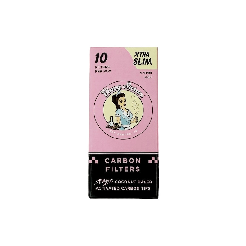 May include: A pink box of Blazy Susan carbon filters. The box has a cartoon illustration of a woman with a cigarette and a bong. The text on the box reads "10 filters per box", "Xtra Slim", "5.9 mm size", "Carbon Filters", and "Coconut-Based Activated Carbon Tips".